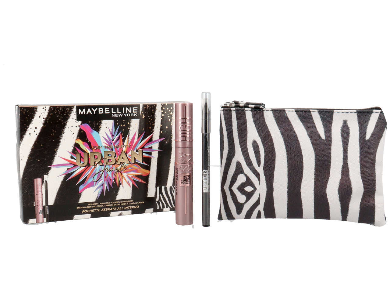 Maybelline urban jungle set regalo. contenuto: pochette in texture zebrata, sky high mascara volume e lunghezza, tattoo liner gel pencil matita occhi nera a lunga durata