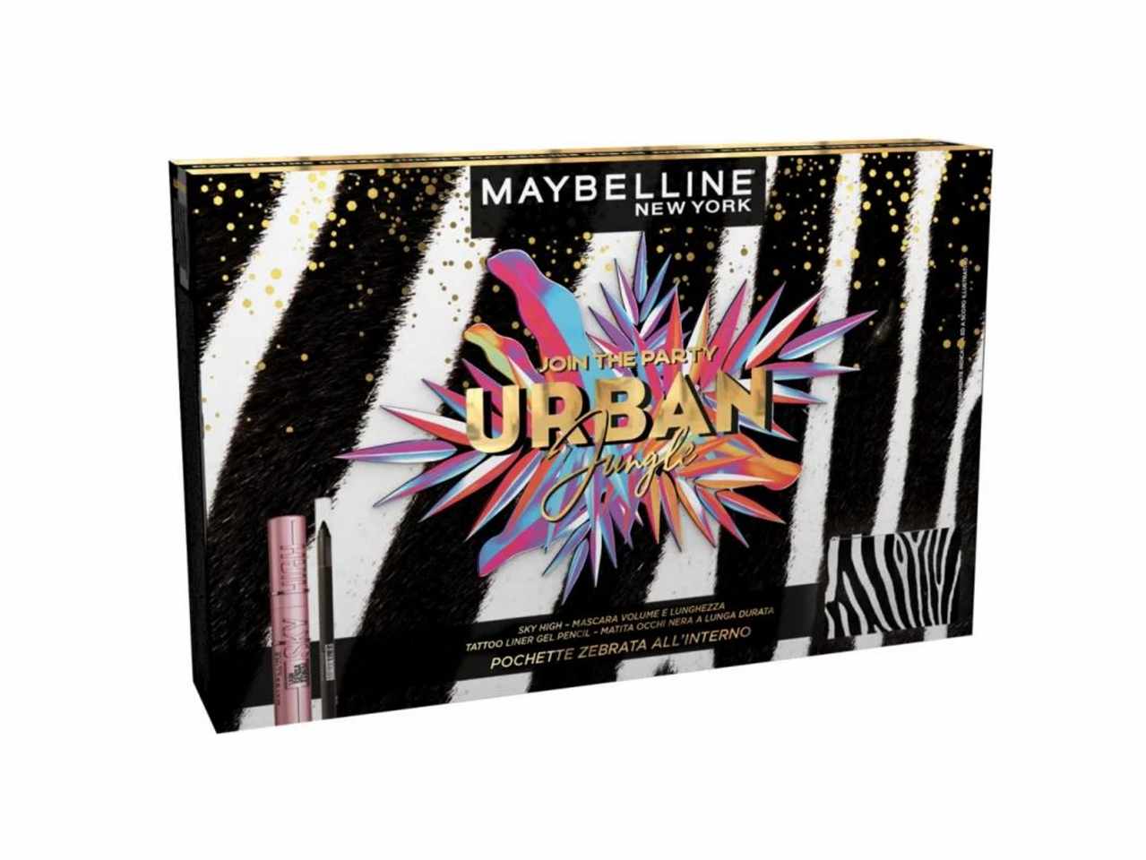 Maybelline urban jungle set regalo. contenuto: pochette in texture zebrata, sky high mascara volume e lunghezza, tattoo liner gel pencil matita occhi nera a lunga durata