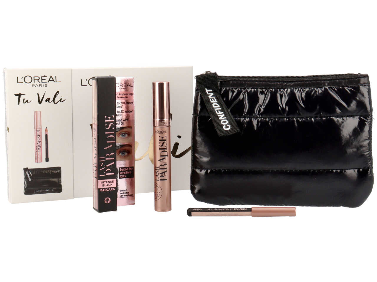 L'oreal Paris Tu vali modello paradise con mascara extra black lash paradise, mini matita nera, e soffice pochette in piumino nera.
