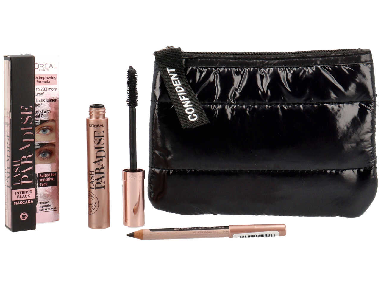 L'oreal Paris Tu vali modello paradise con mascara extra black lash paradise, mini matita nera, e soffice pochette in piumino nera.