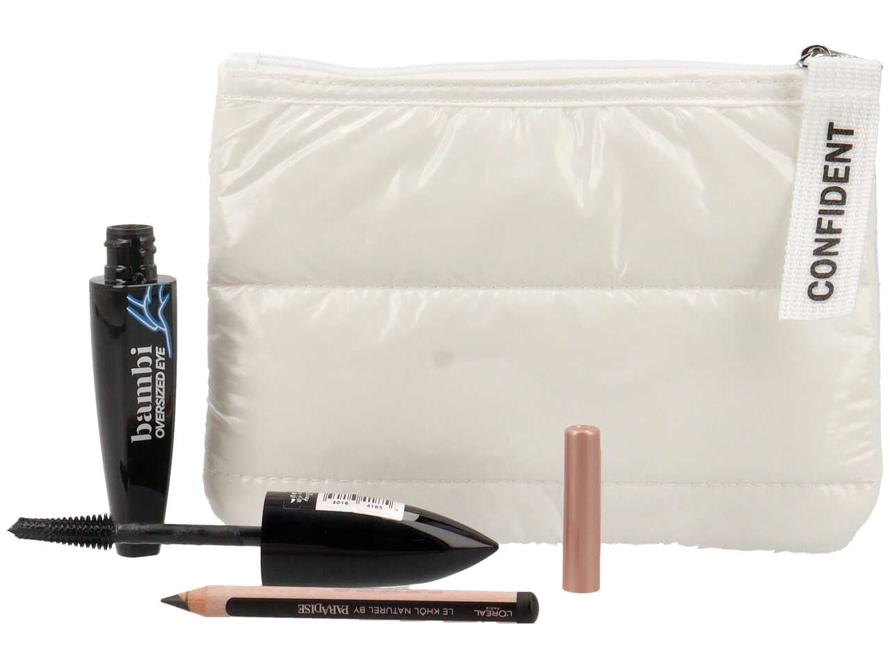 Mini pochette in piumino bianca L'oreal Paris Tu vali con mascara Bambi oversized eye e mini matita Paradise nera.