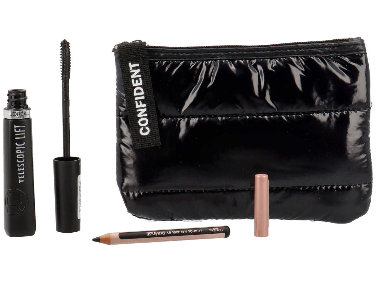 Mini pochette soffice in piumino nera L'oreal Paris Tu vali con mascara Telescopic Lift nero e matita nera