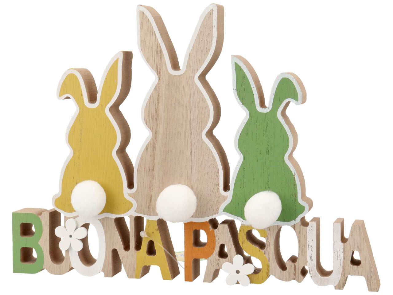 Decorazione pasquale in legno con 3 coniglietti e scritta buona pasqua