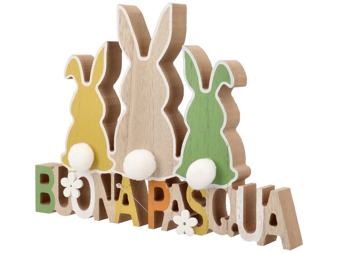 Decorazione pasquale in legno con 3 coniglietti e scritta buona pasqua