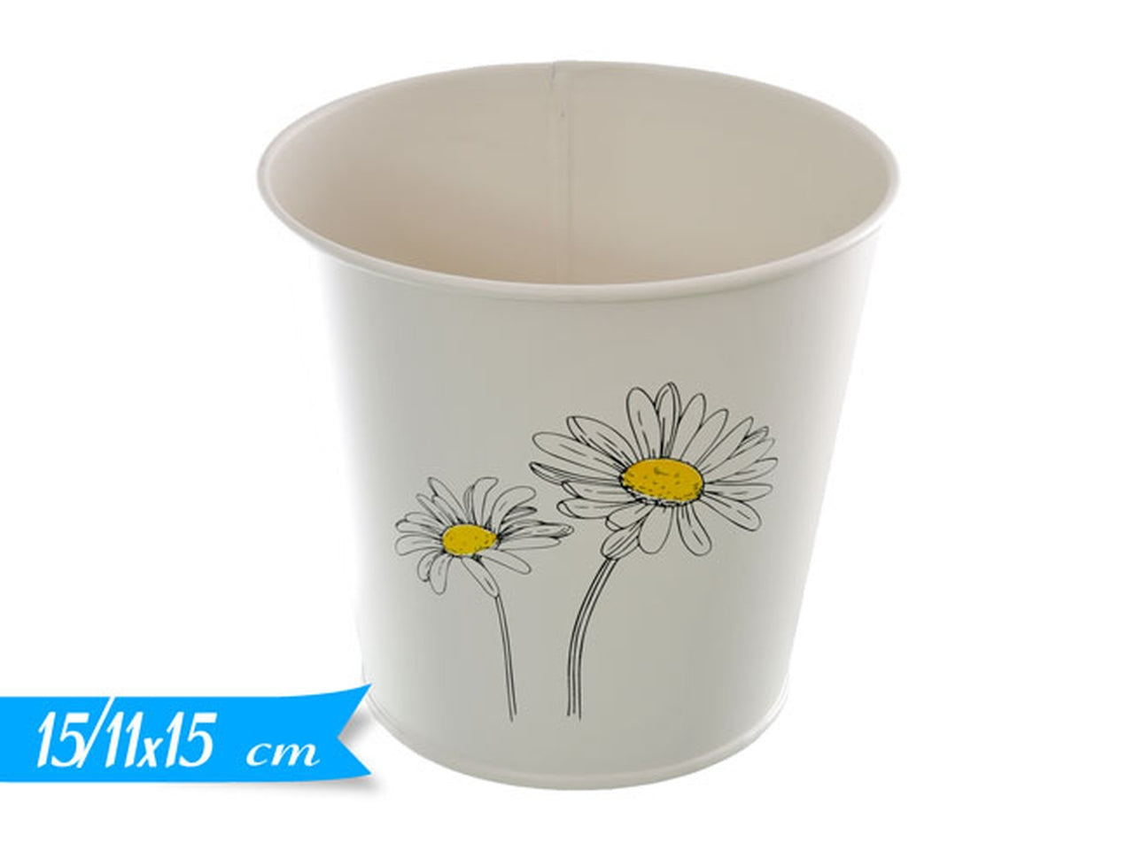 Vaso Tondo stile Vintage in Latta Avorio 15/11x15 cm con Decorazione Floreale Due Margherite