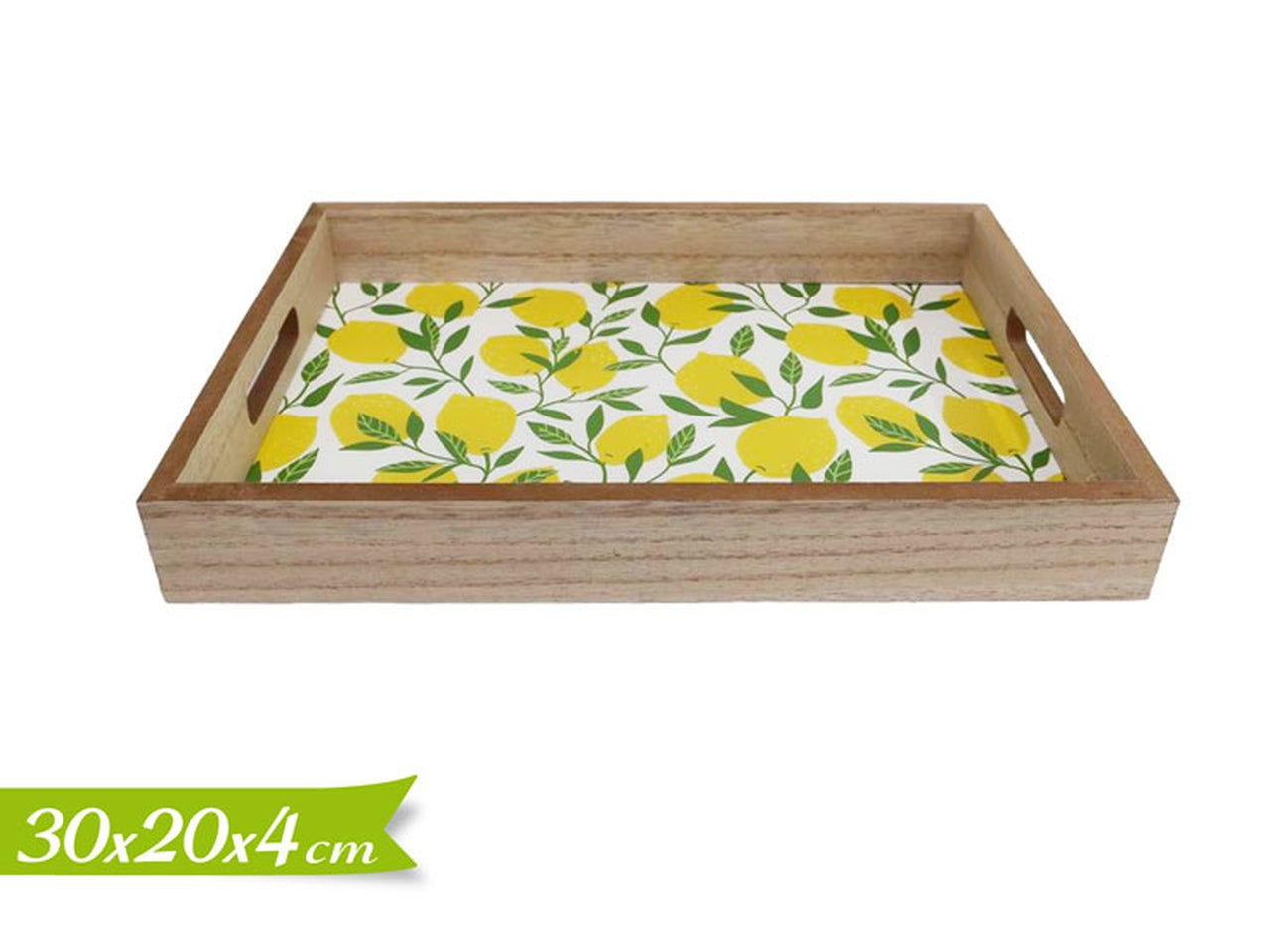 Vassoio rettangolare in legno stile mediterraneo, fantasia limoni 20x30x4 cm - Golden Hill