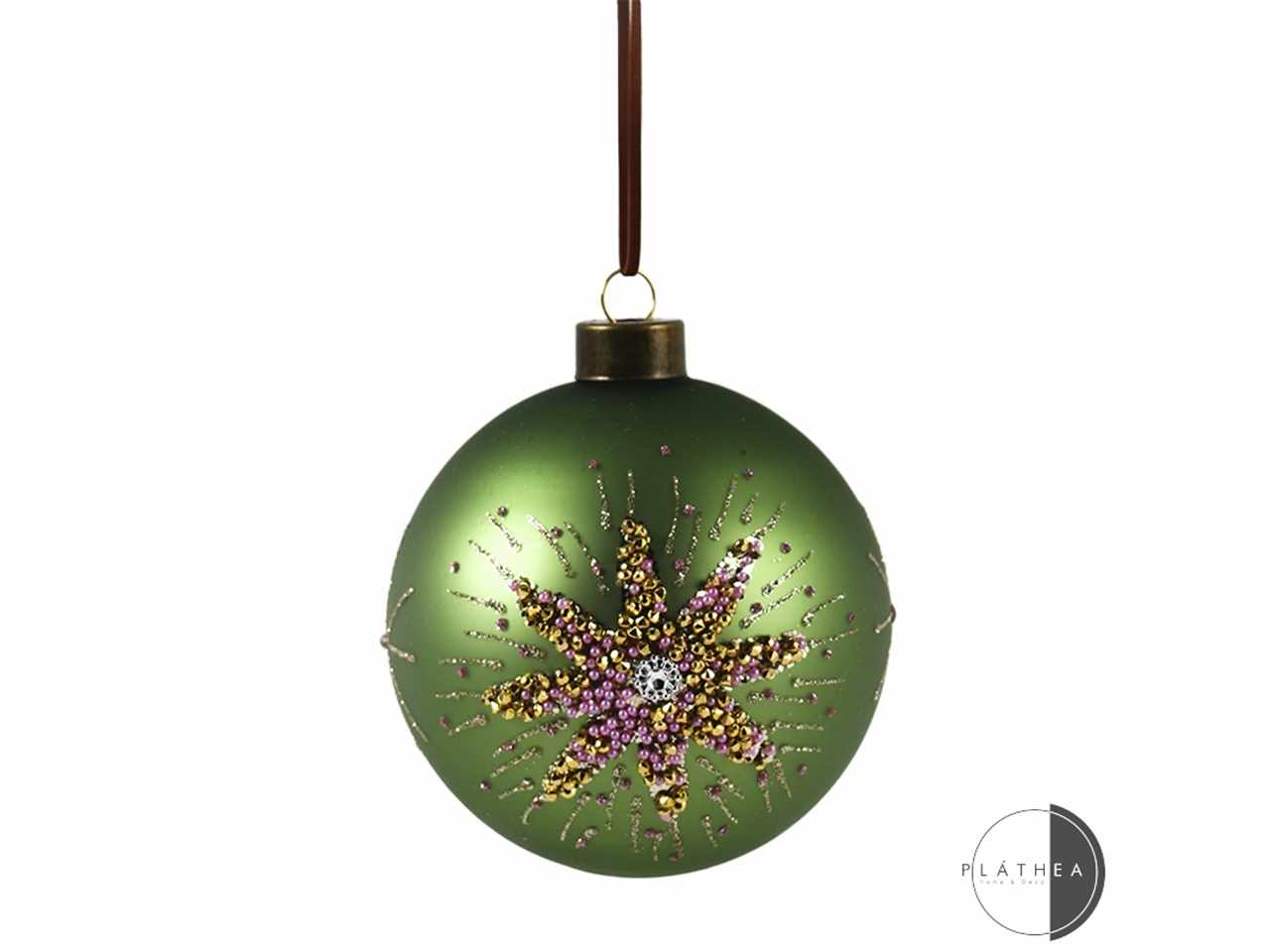 Sfera verde in vetro con fiore oro d.12cm