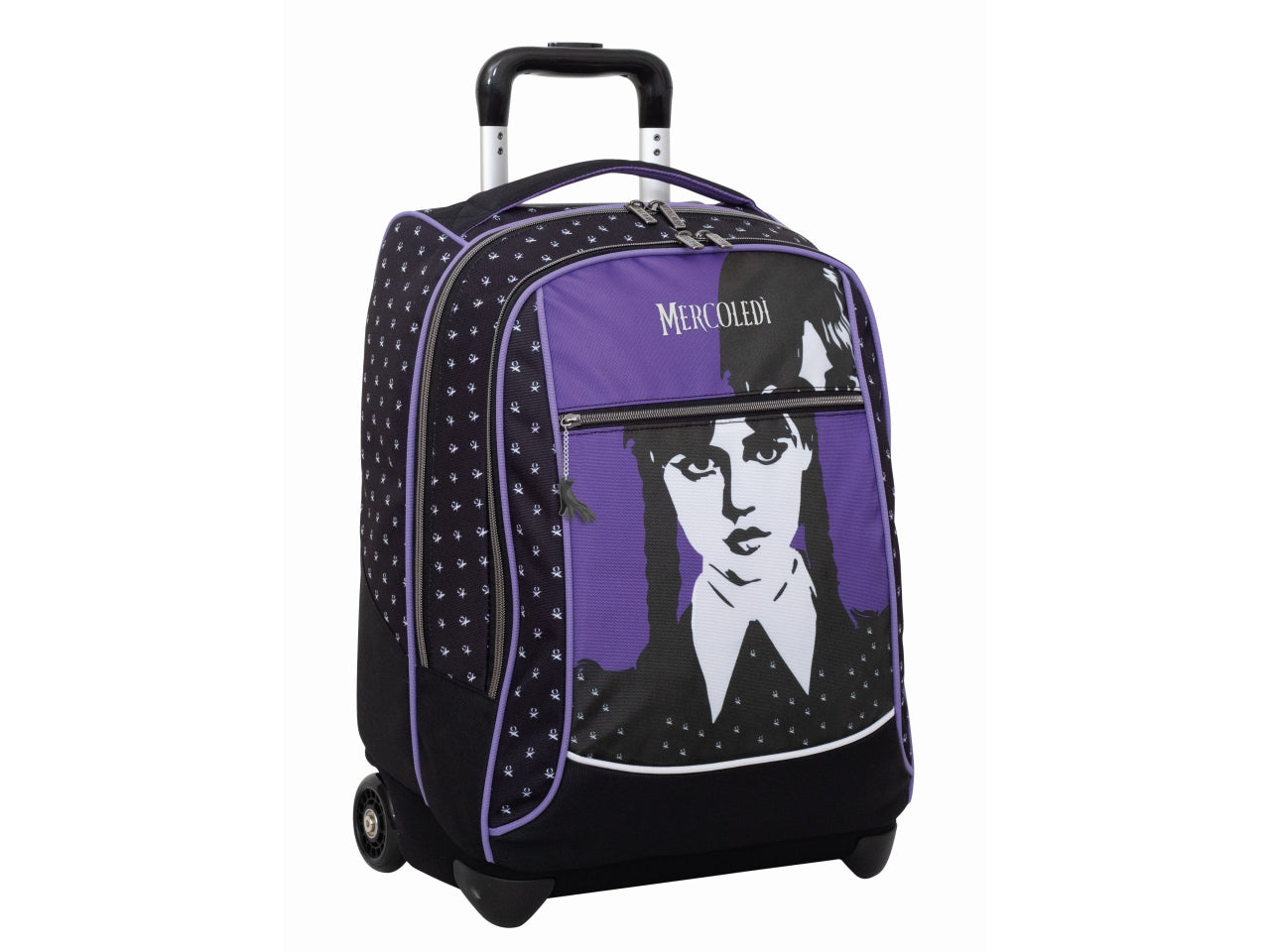 Trolley zaino scuola Mercoledì con doppio scomparto, schienale imbottito e barra telescopica, 36,5x50x26 cm - Seven
