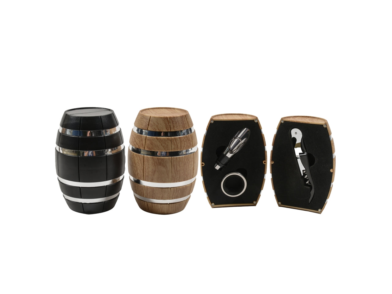 Set sommelier con 3 accessori in cofanetto a forma di botte due colori in scatola regalo 14x10 cm - M Home