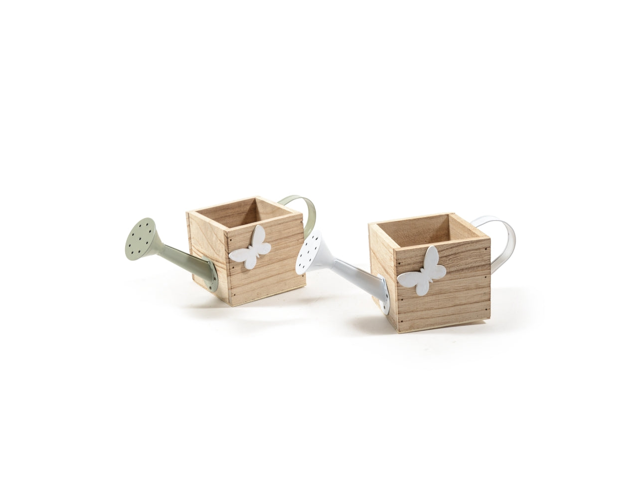 Portavaso country in legno e metallo naturale e bianco forma innaffiatoio 25x10x10 cm - Mercury
