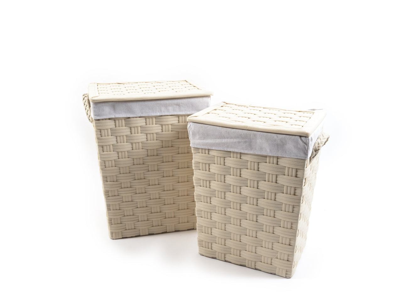 Set 2 ceste lavanderia con coperchio in tessuto intrecciato stile country avorio con interno sfoderabile, grande 32x41x55 cm, piccolo 29x38x50 cm - Mercury"