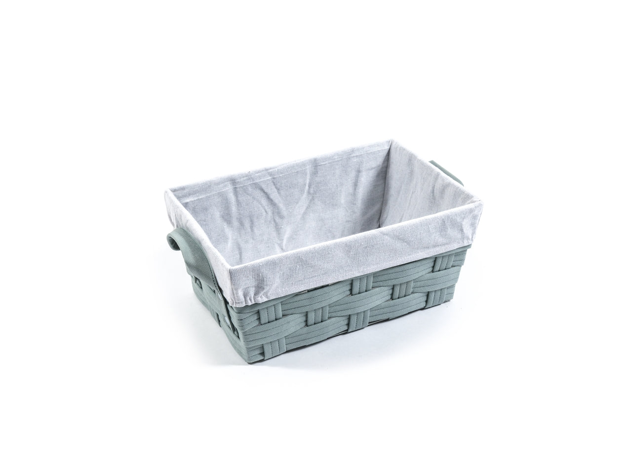 Cestino stile scandinavo con manici, in tessuto intrecciato verde salvia con interno sfoderabile avorio, 37x24x16 cm - M Home