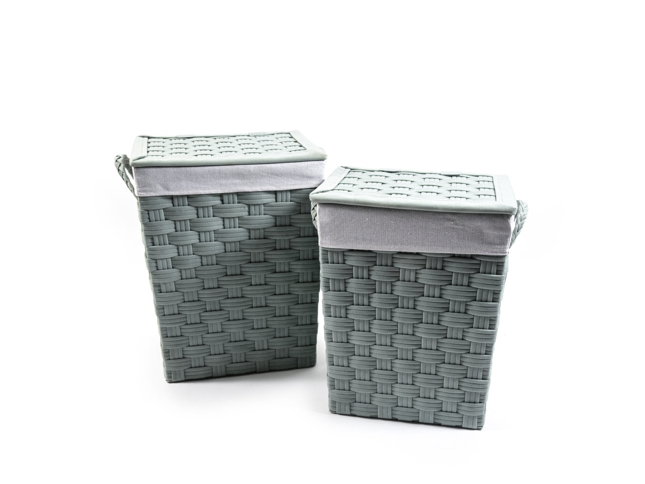 Set 2 ceste lavanderia con coperchio, in tessuto intrecciato stile country verde salvia con interno sfoderabile, grande 32x41x55 cm, piccolo 29x38x50 cm - M Home
