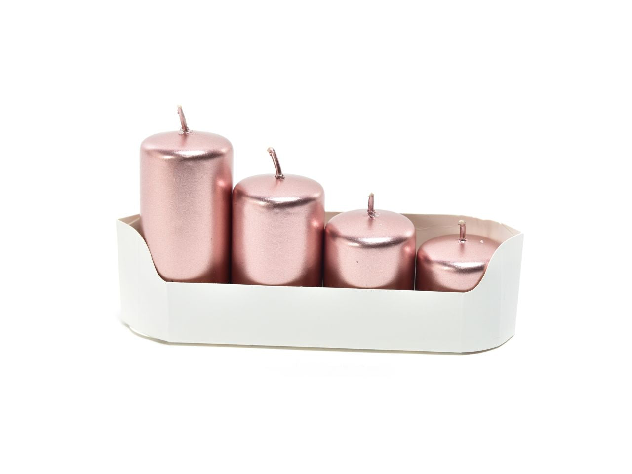 Candele natalizie pillar linea avvento lucid - set da 4 candele colore rose gold misura h.8,5, 7, 5,5, 4 x d.4cm in scatola bianca