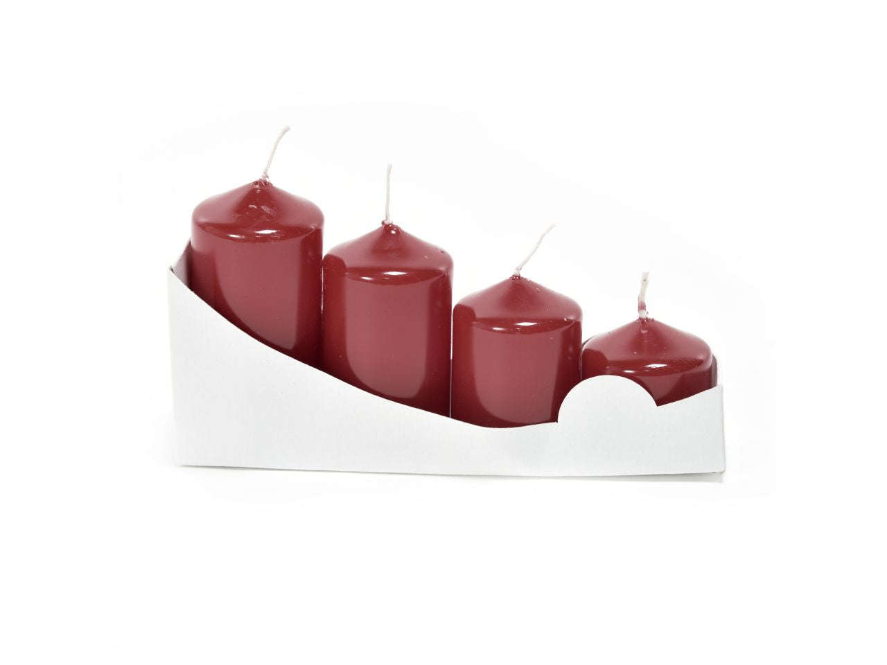 Candele natalizie pillar linea avvento - set da 4 candele colore lucid bordeaux misura h8,5, 7, 5,5, 4cm  x d.4cm in scatola bianca