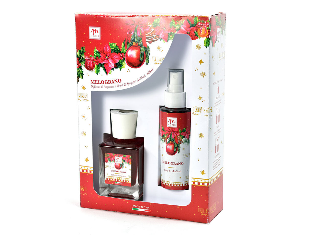 Christmas dream in set da 2, diffusore di essenza 100ml e spray 100ml fragranza melograno con bacchette in cotone in scatola regalo
