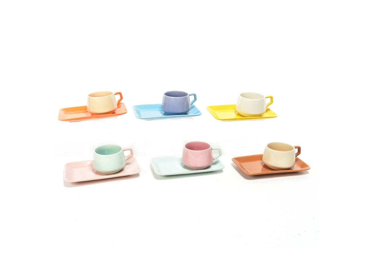 Set 6 tazzine caffè vintage particolari, con vassoio, in ceramica, 100 ml - con 6 mini vassoi e 6 tazzine - l.16xw.9xh.5,5cm - colori assortiti - Mercury