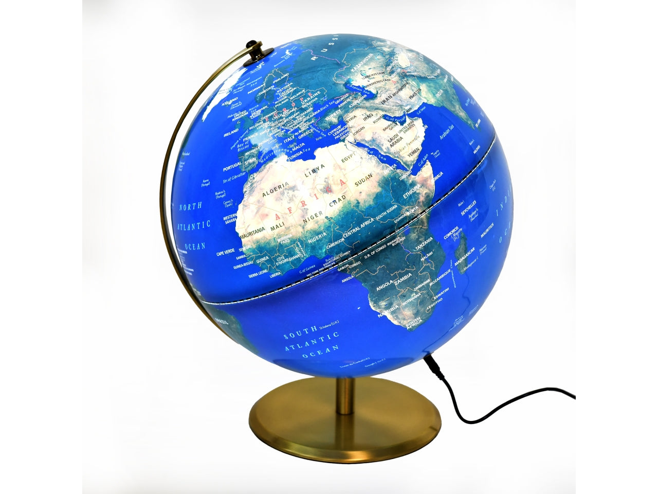 Mappamondo da Salotto Moderno Blu con Supporto Dorato Mercury - 31x30xH.37cm, LED Illuminato, Base in Metallo, Dettagli Politici