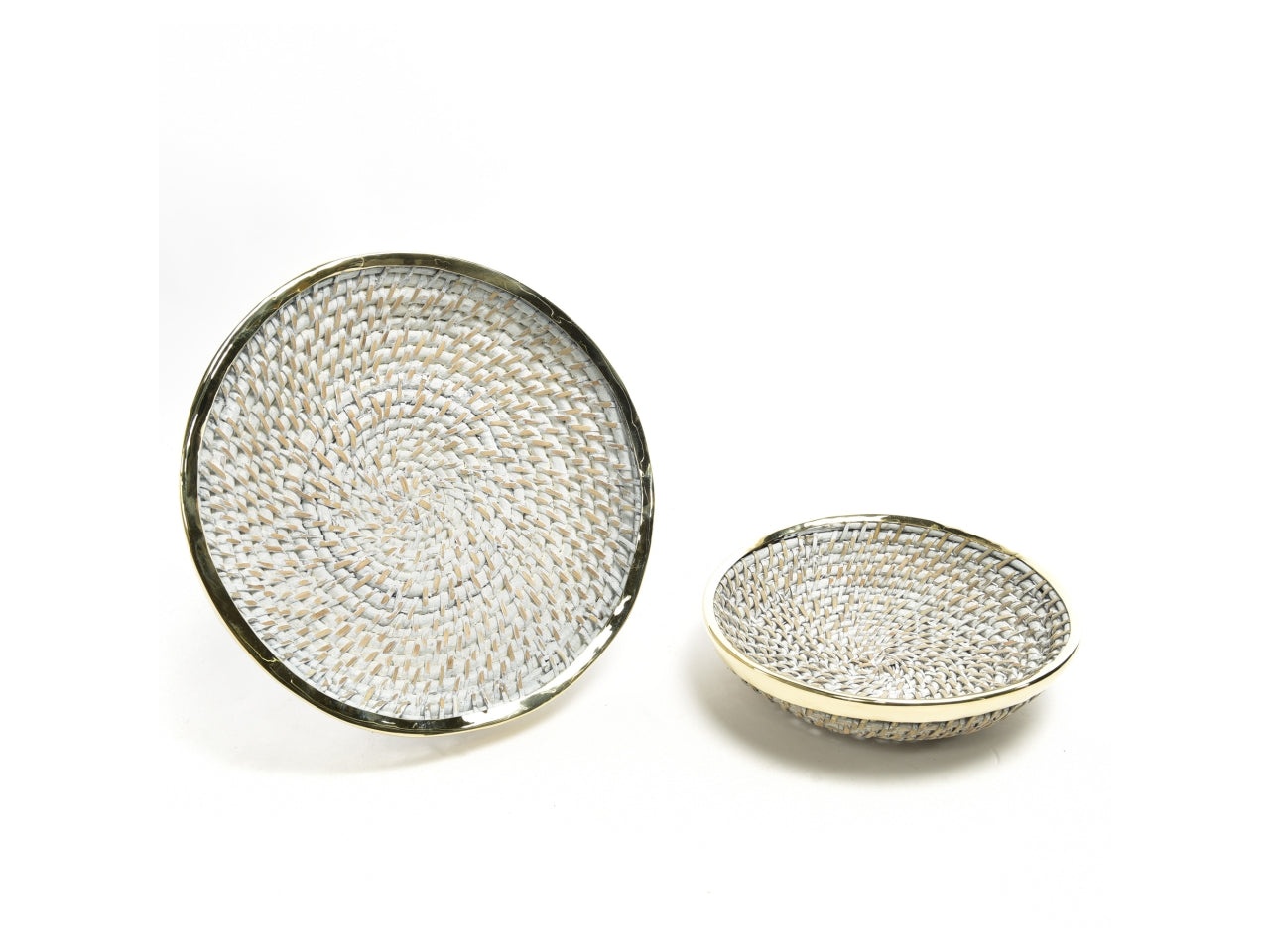 Centrotavola in rattan con bordatura in ottone d.25xh.5cm d.30xh.7cm set da 2 centrotavola