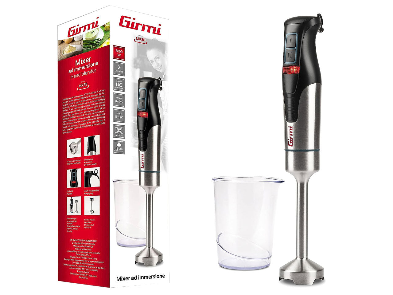 Mixer ad immersione potenza 800w con fusto in acciaio inox da 19cm e impugnatura ergonomica nera, smontabile per un lavaggio piu' accurato