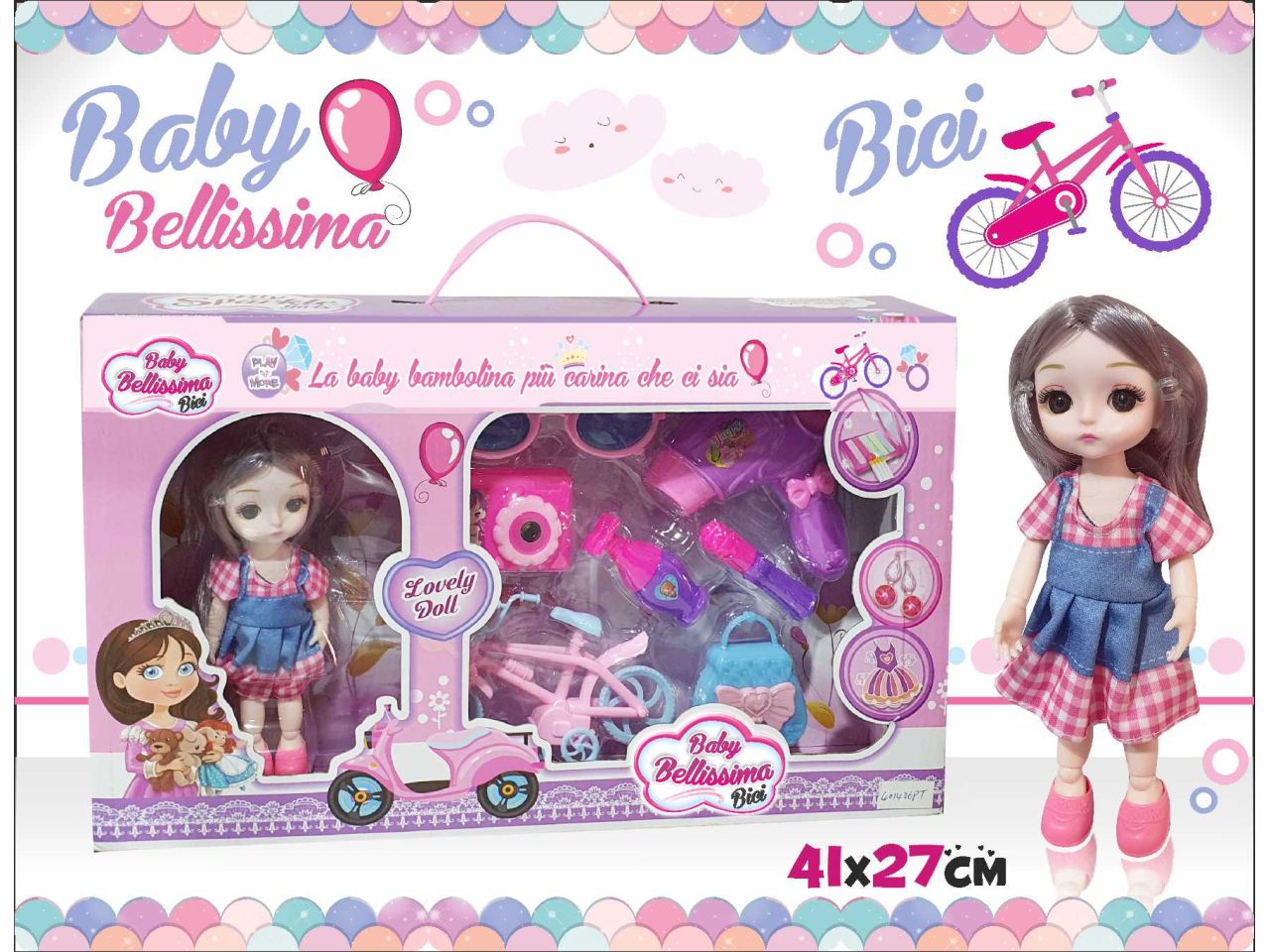 Bambolina con bicicletta e accessori