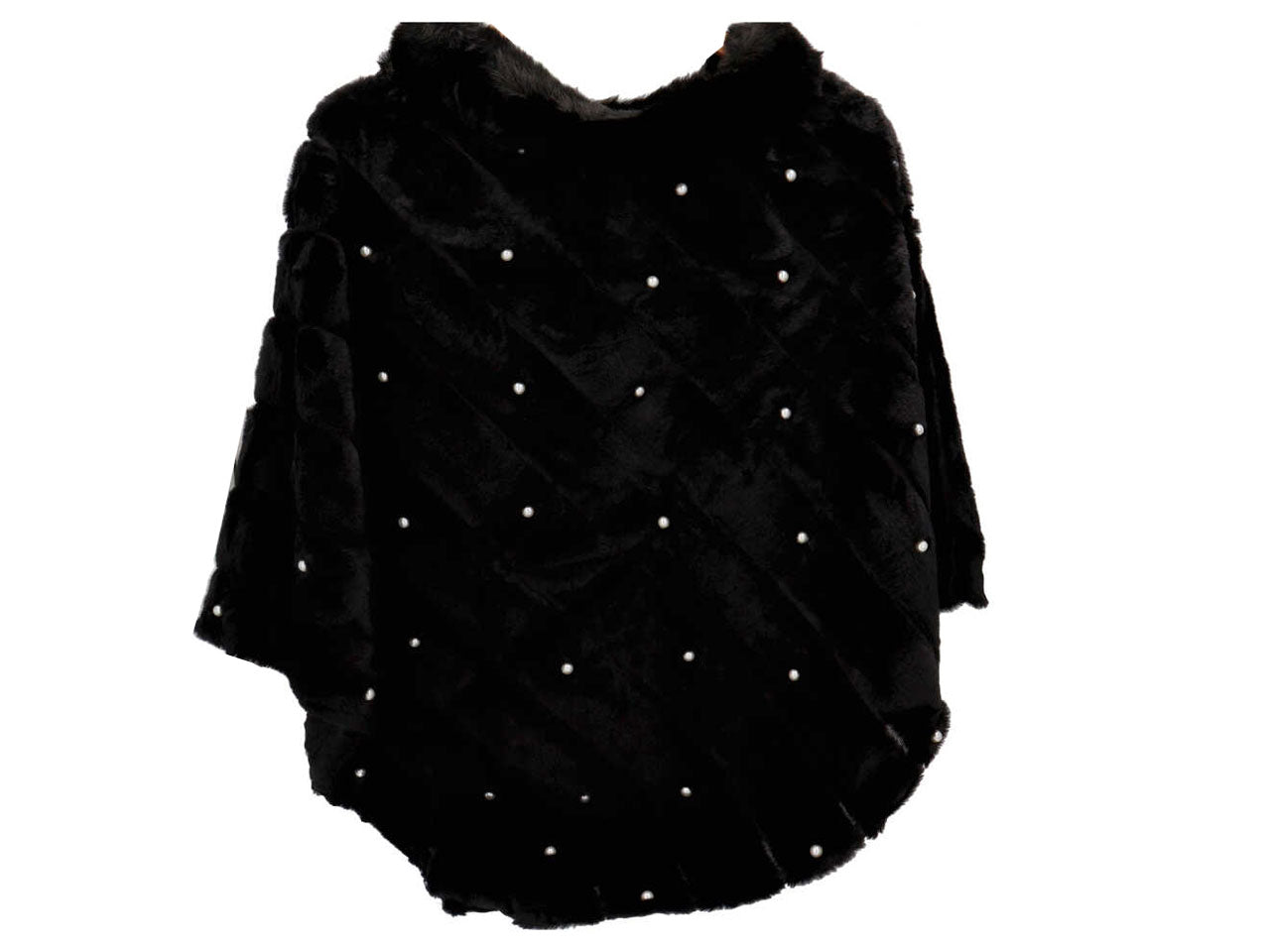 Poncho in pelo ecologico, perle e collo nero 100% poliestere