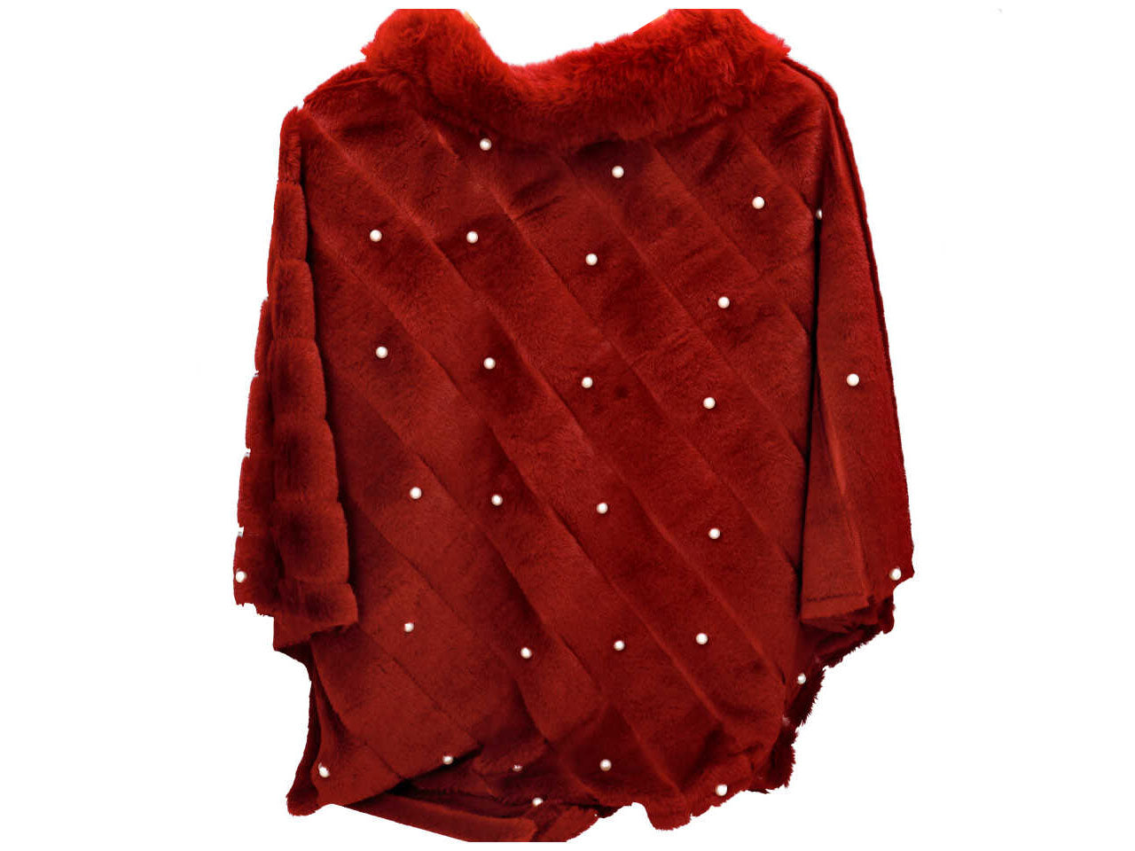 Poncho in pelo ecologico, perle e collo bordeaux 100% poliestere