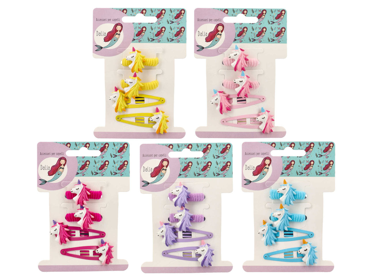 Set 2 clic clac 5cm e 2 polsini con unicorno in poliestere, metallo senza nichel