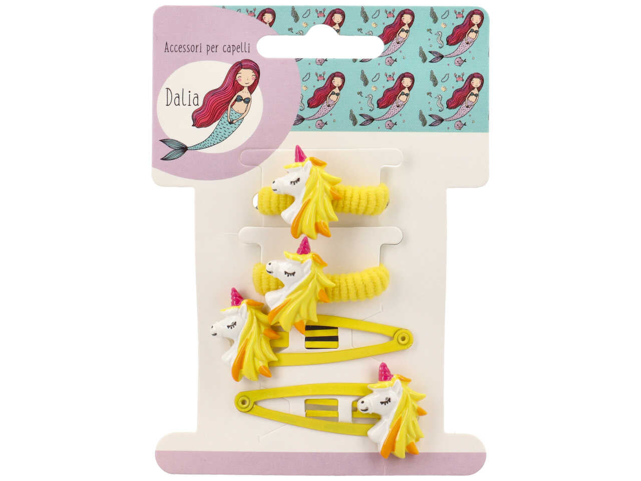 Set 2 clic clac 5cm e 2 polsini con unicorno in poliestere, metallo senza nichel