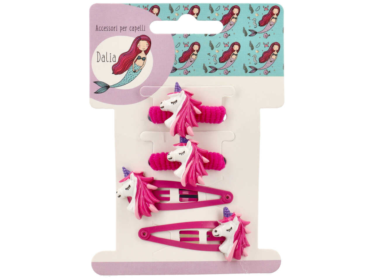 Set 2 clic clac 5cm e 2 polsini con unicorno in poliestere, metallo senza nichel