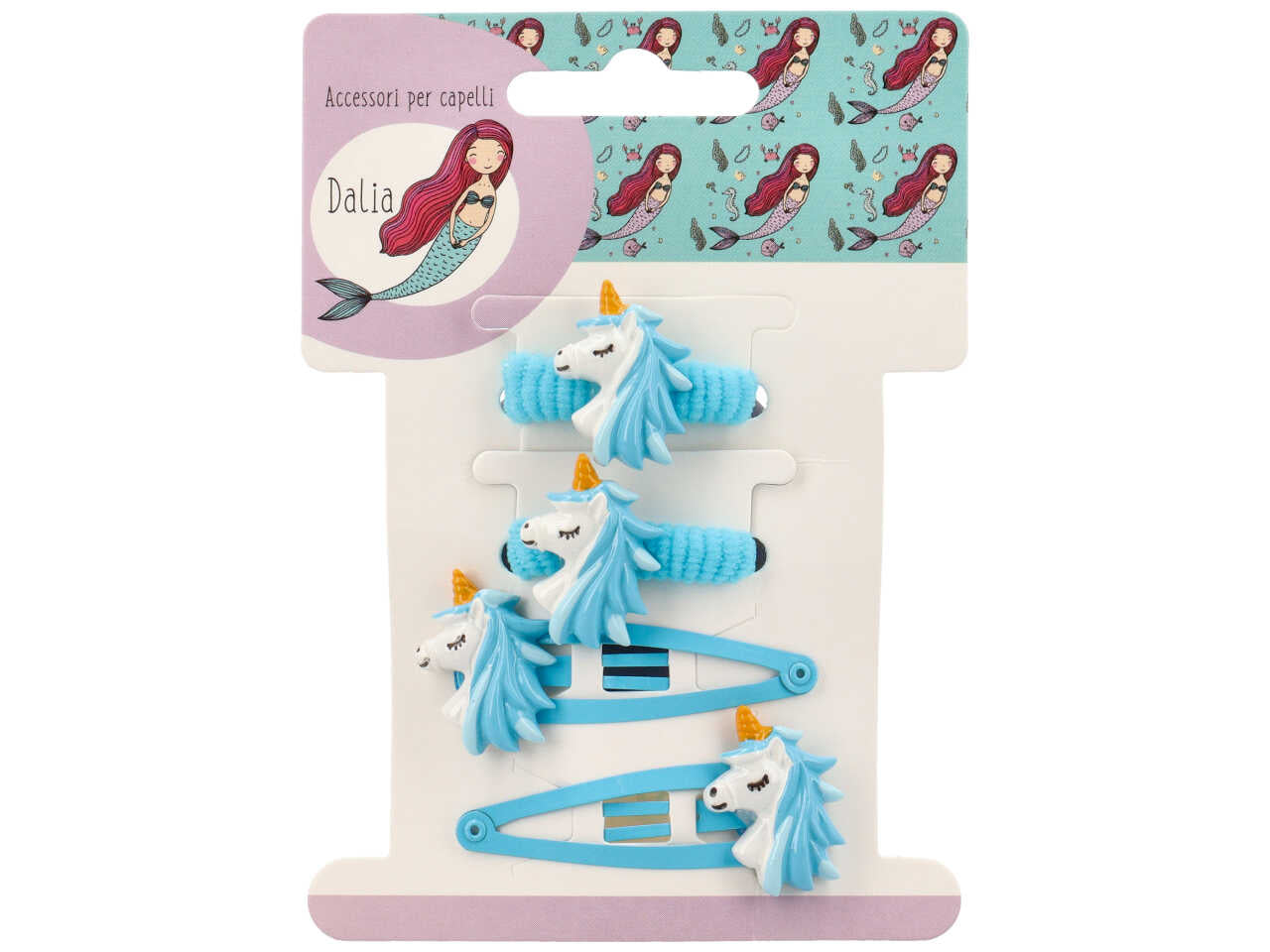 Set 2 clic clac 5cm e 2 polsini con unicorno in poliestere, metallo senza nichel
