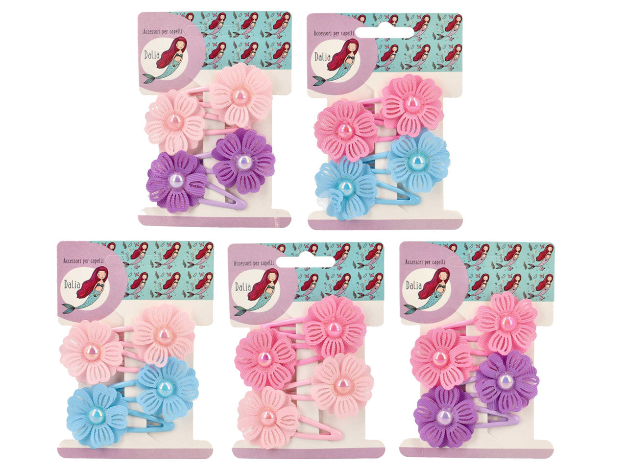 Set 4 clic clac fiore con perla poliestere, metallo senza nichel