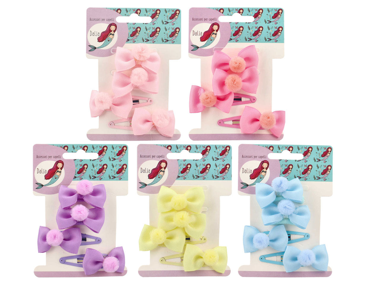 Set 2 clic clac e 2 polsini fiocco con pon pon in poliestere, metallo senza nichel