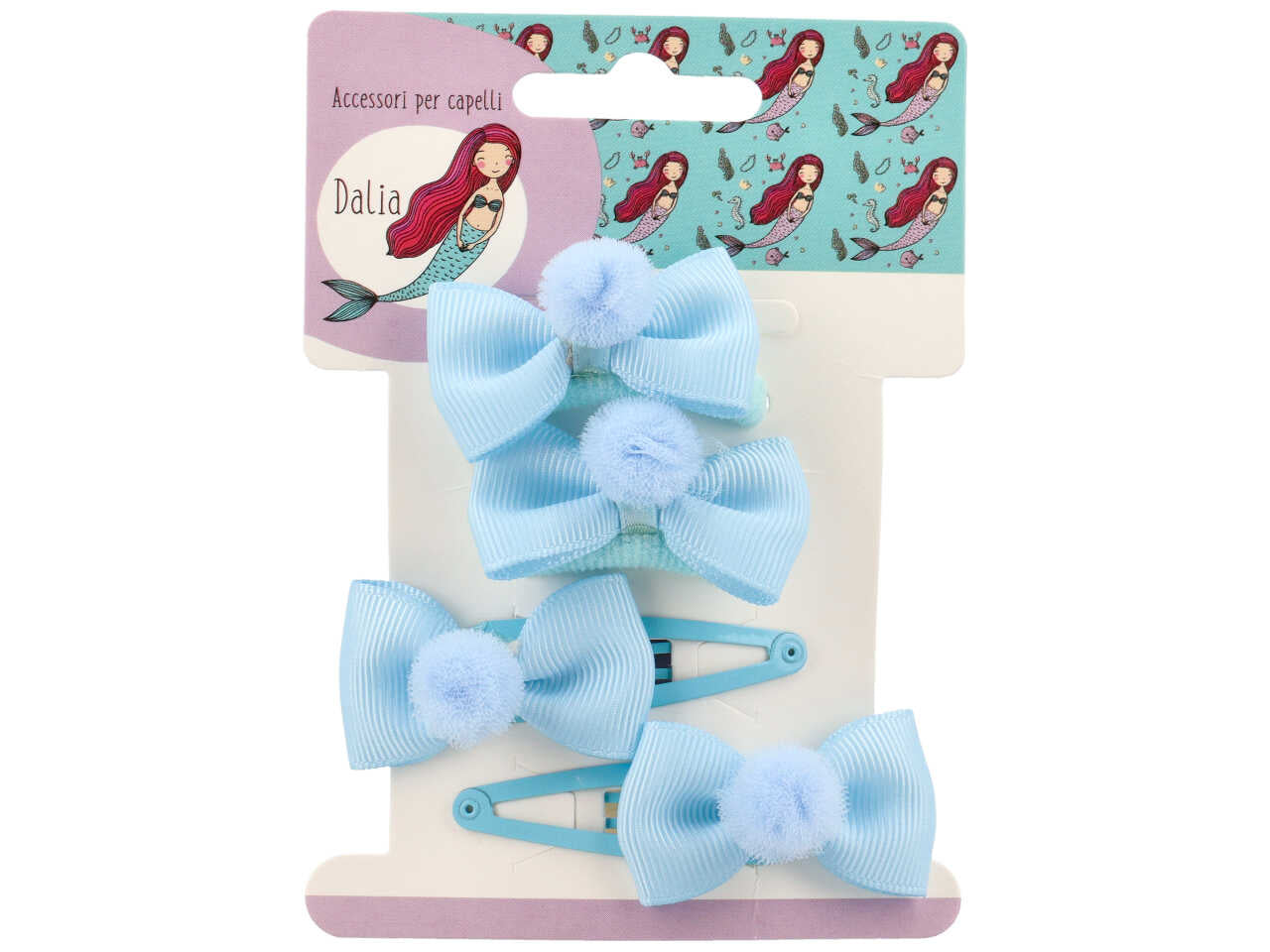 Set 2 clic clac e 2 polsini fiocco con pon pon in poliestere, metallo senza nichel