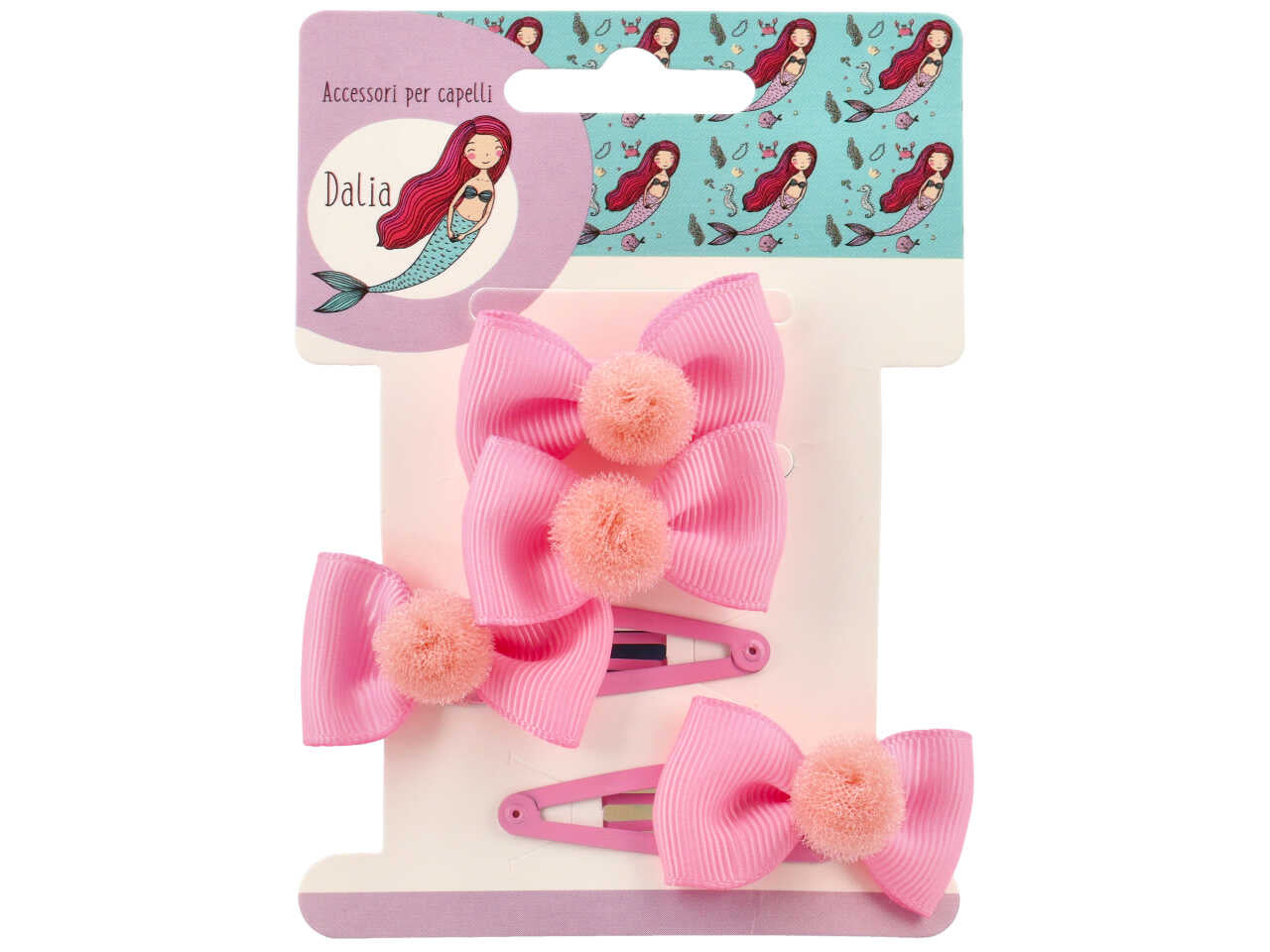 Set 2 clic clac e 2 polsini fiocco con pon pon in poliestere, metallo senza nichel