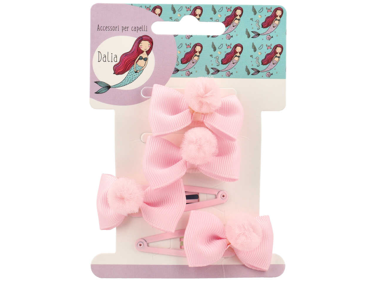 Set 2 clic clac e 2 polsini fiocco con pon pon in poliestere, metallo senza nichel