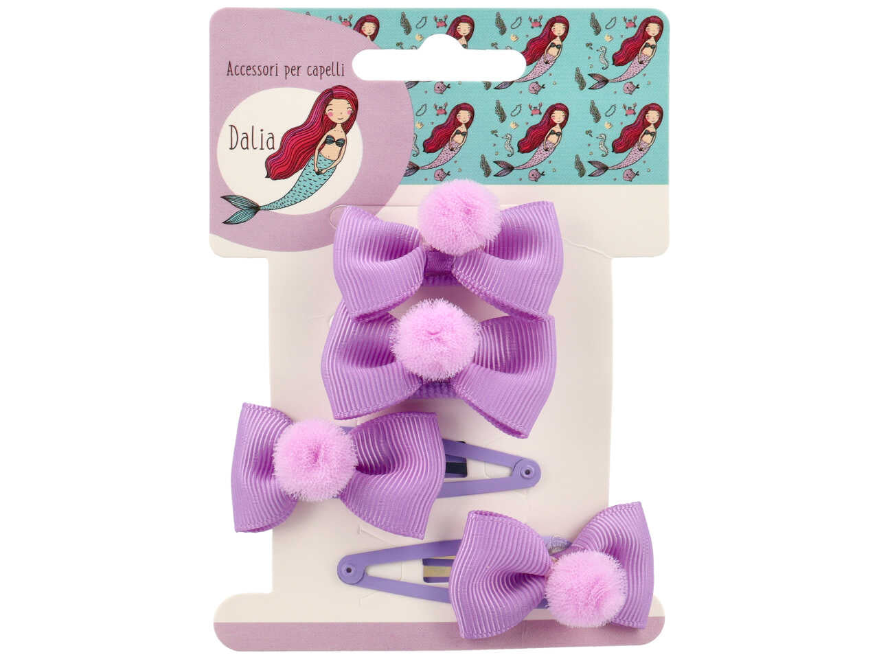 Set 2 clic clac e 2 polsini fiocco con pon pon in poliestere, metallo senza nichel