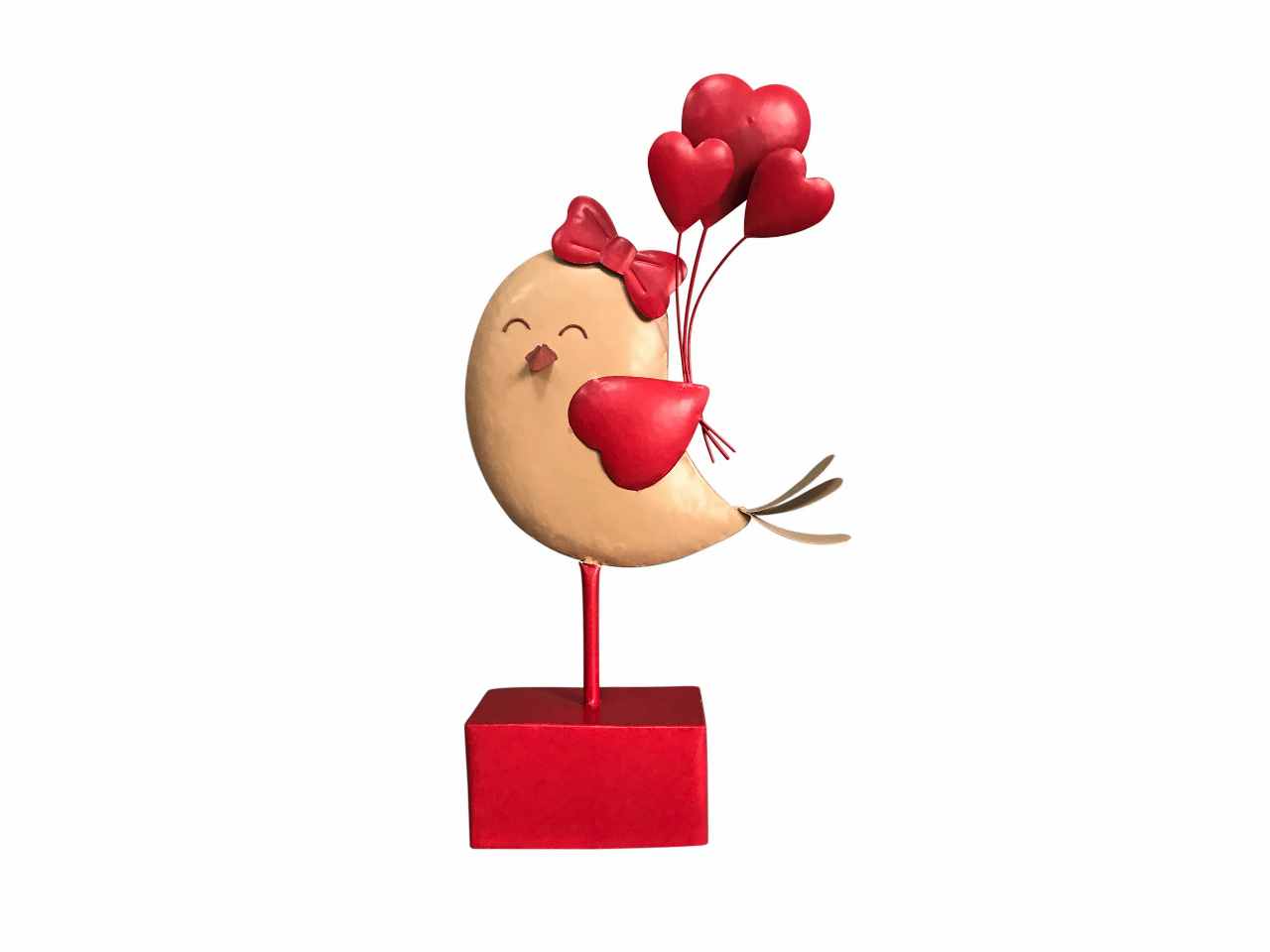 Uccellino femmina con palloncini a forma di cuore in metallo 24.5x7.5xh.46cm