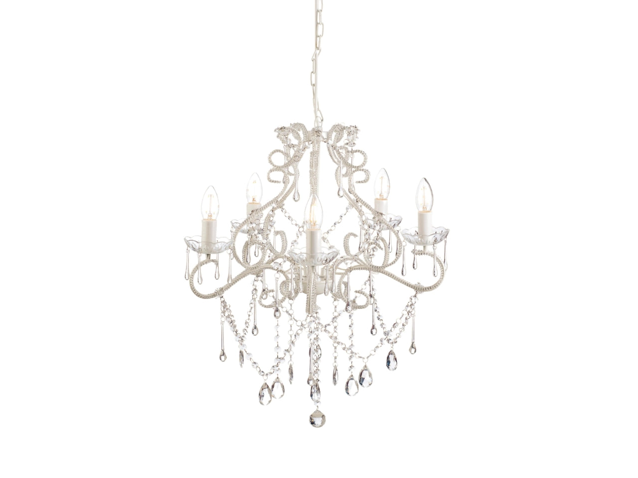 Lampadario vintage classico per soggiorno, bianco con 5 luci in metallo e plastica - tipo di illuminazione semi diretta - sospensione a catena - d.52cm h.60cm - Vimin box