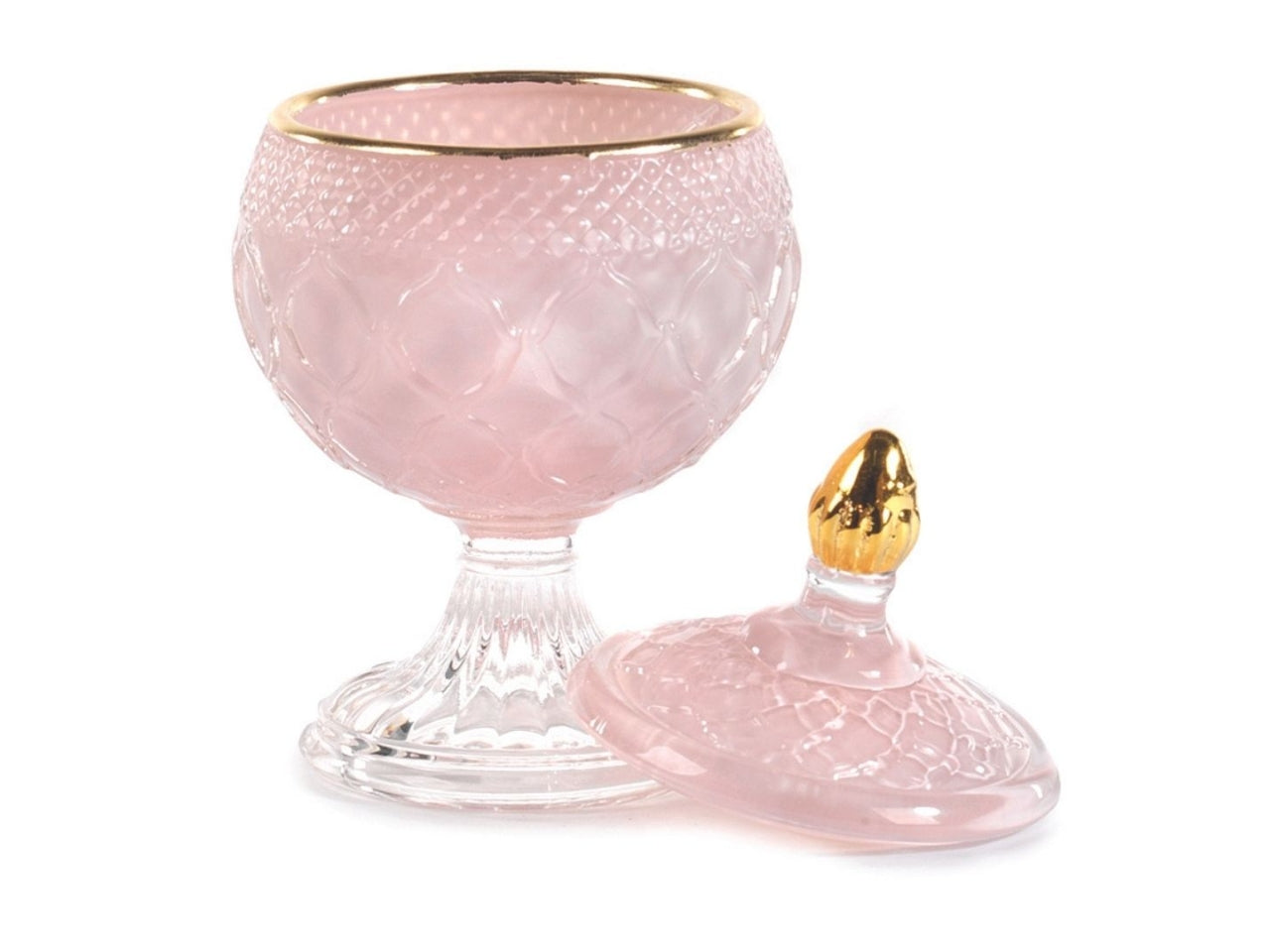 Scrigno bomboniera stile classico in vetro rosa e dorato lavorazione a rilievo 8,5x15cm - Viminbox