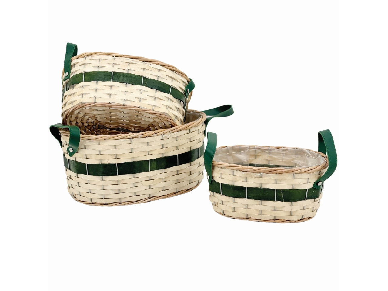 Cesti tondi legno naturale con riga verde con manici-la confezione contiene 3 cesti