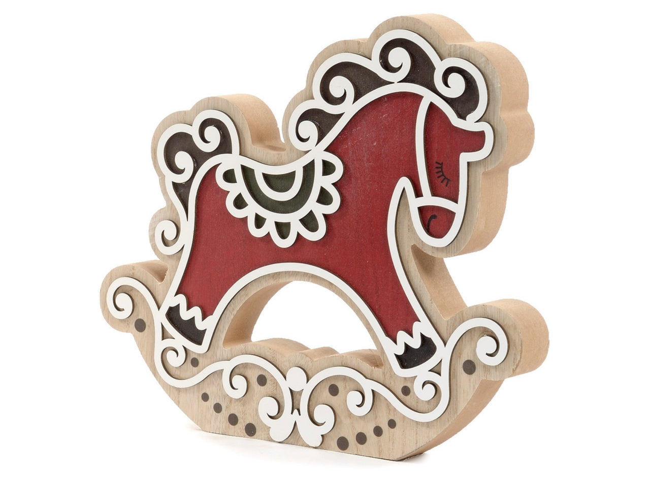 Cavallino in legno rosso con criniera verde 29x3x25cm
