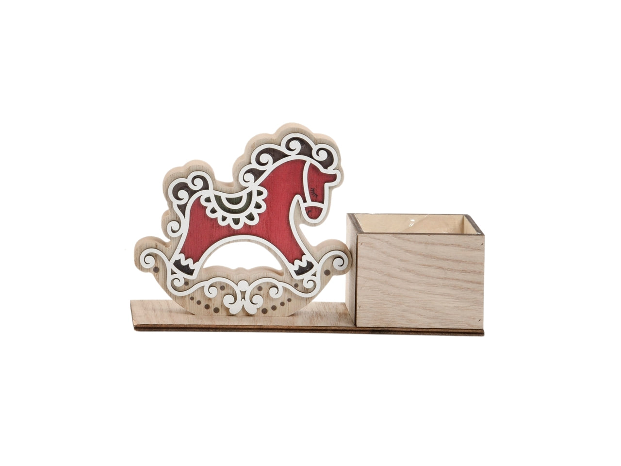 Cavallino legno rosso con criniera verde su base 22x7x12,5cm