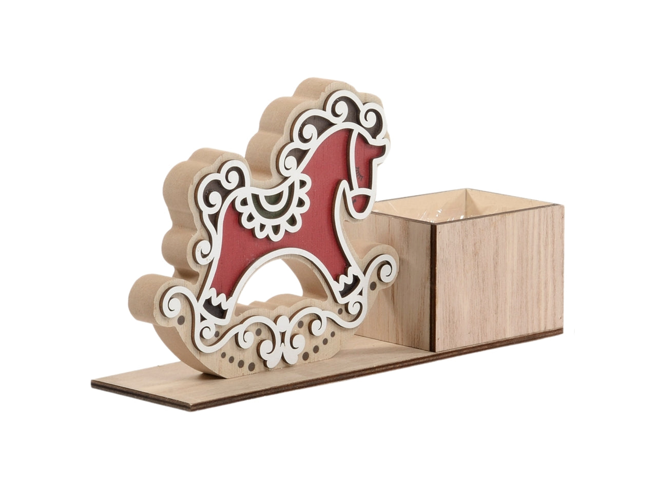 Cavallino legno rosso con criniera verde su base  27x8x15,5cm