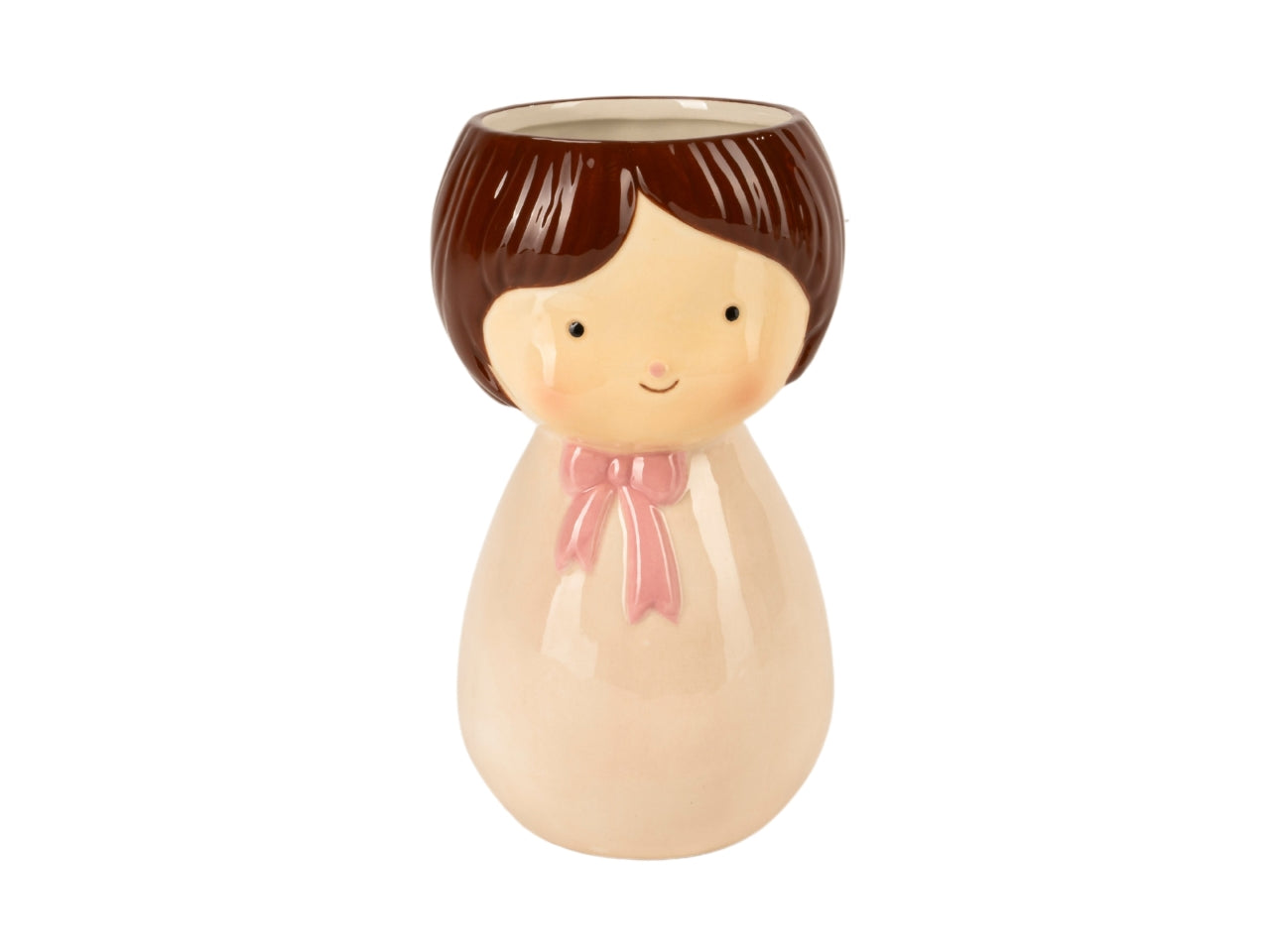 Vaso decorativo bambina castana con  vestitino rosa d.8xh.18 cm in ceramica
