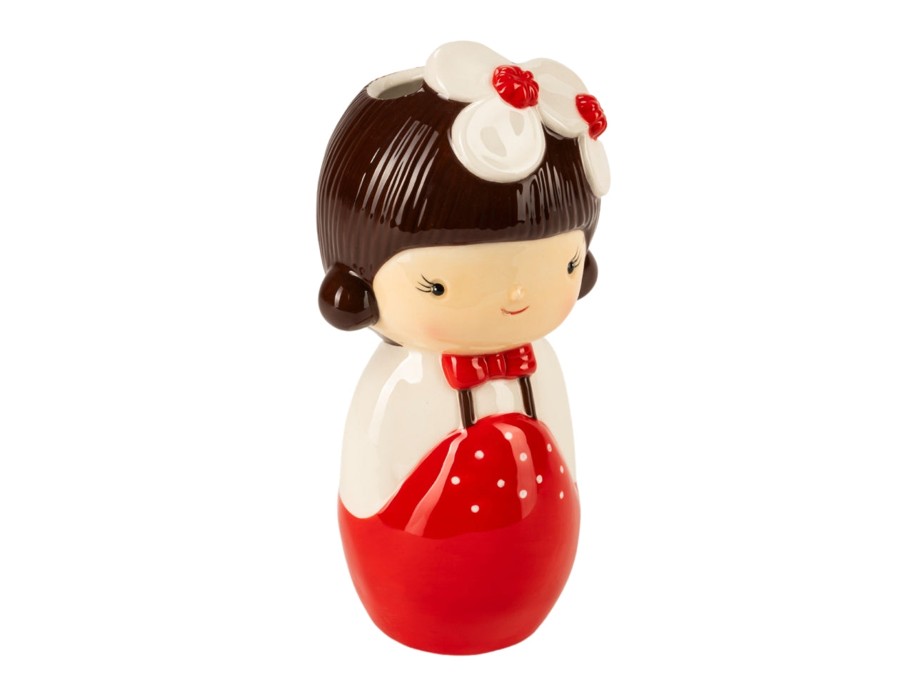 Vaso decorativo bambina con capelli neri e fiori d.12,5x10xh.24,5 cm in ceramica