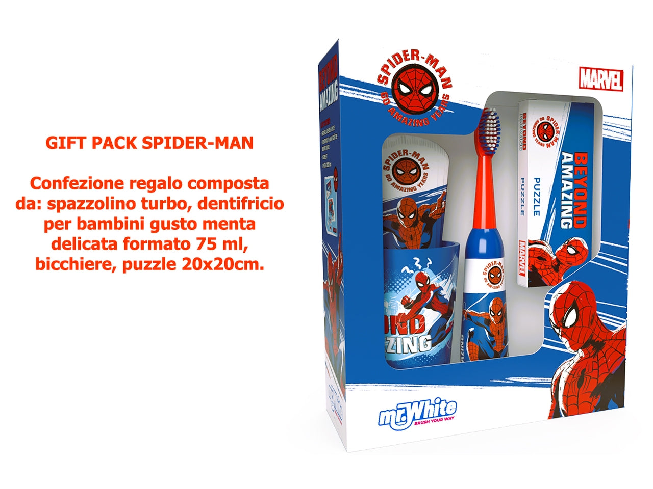 Spider man set regalo da bambino con spazzolino dentifricio bicchiere e puzzle, blu e bianco - Real Trade