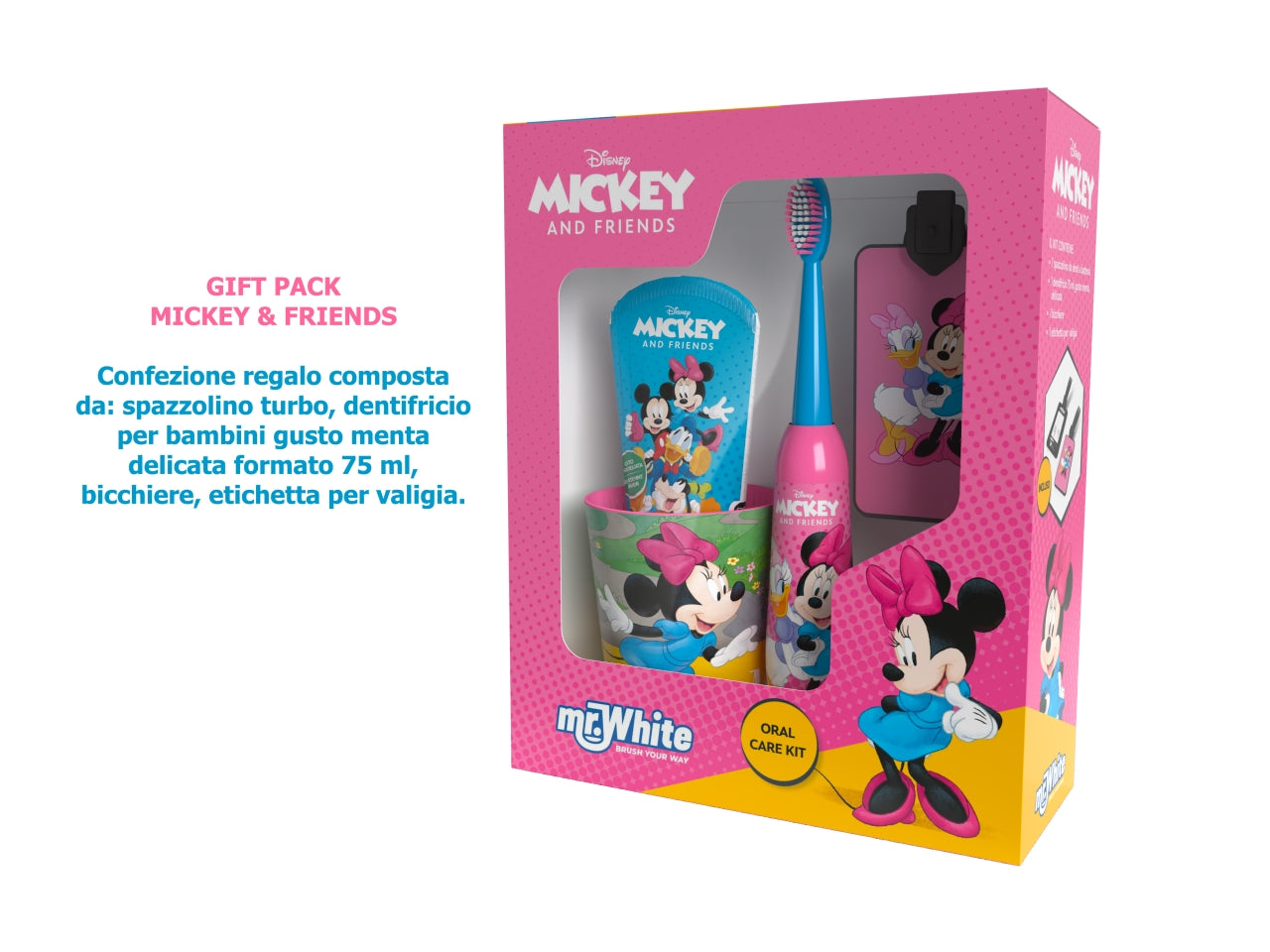 Minnie set regalo da bambina con spazzolino dentifricio bicchiere e badge, azzurro e rosa - Real Trade