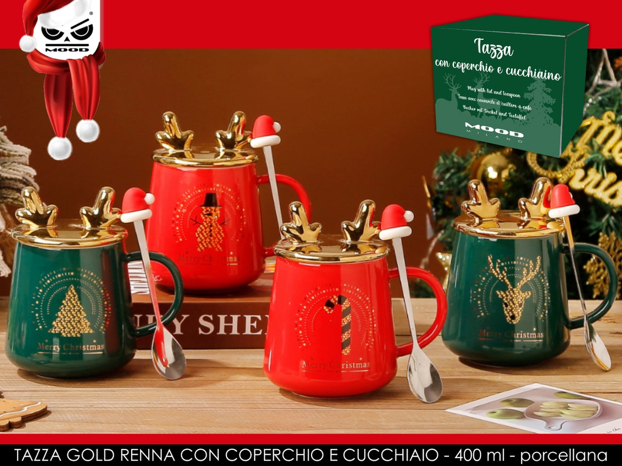 Tazza natalizia gold renna con coperchio e cucchiaio 400ml