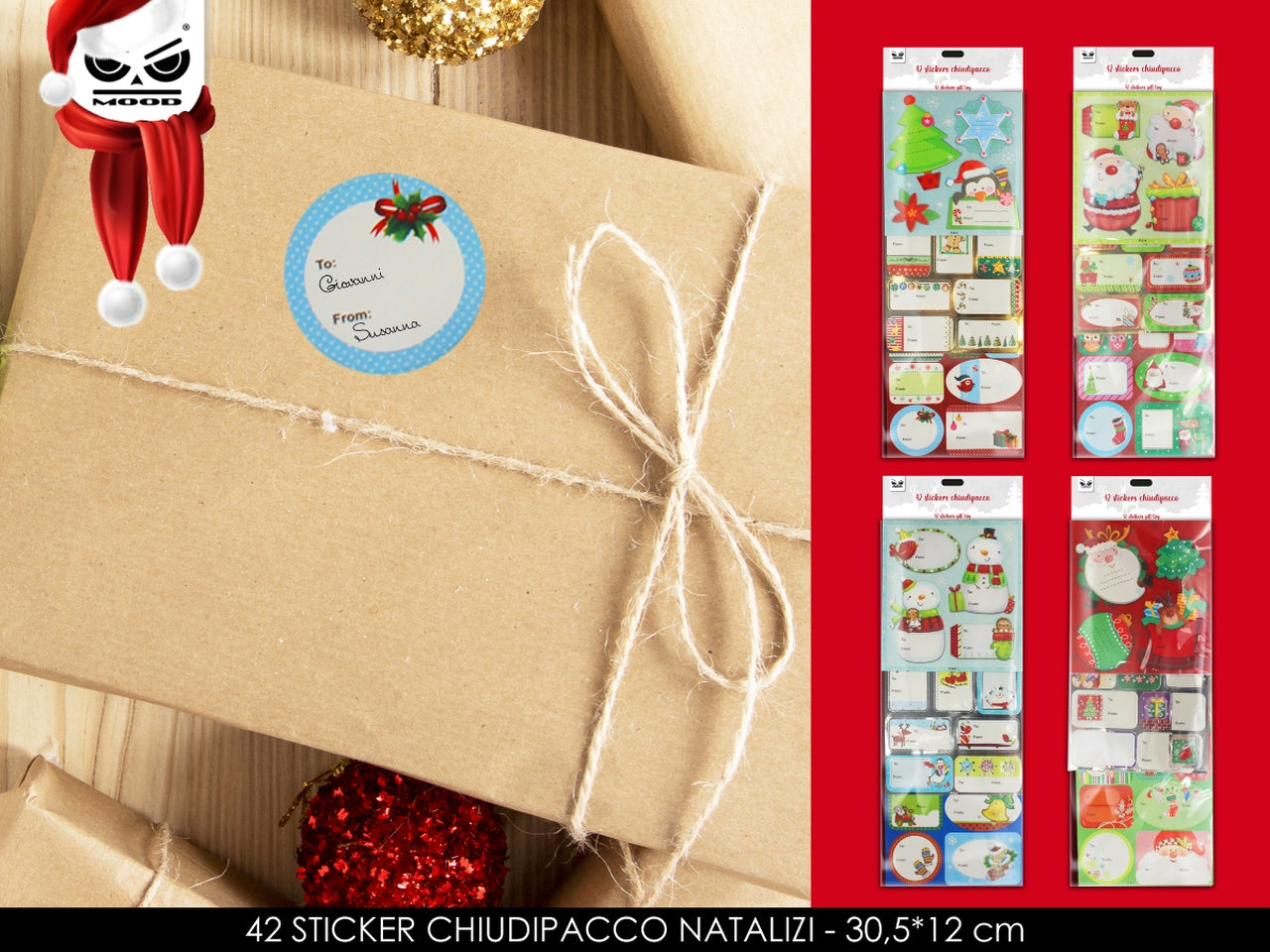 Chiudipacchi sticker natalizi - la confezione contiene 42 chiudipacchi